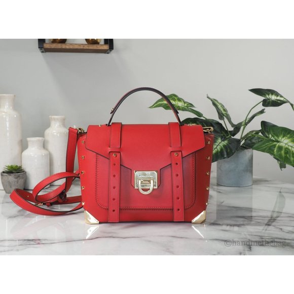 NEW Michael Kors Manhattan Medium Satchel Bag Red Leather Top Handle School NWT - Picture 2 of 9